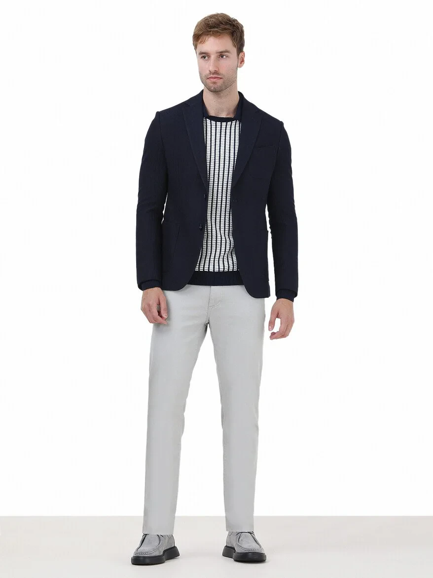 Navy Blue Striped Modern Fit Jacket - 2