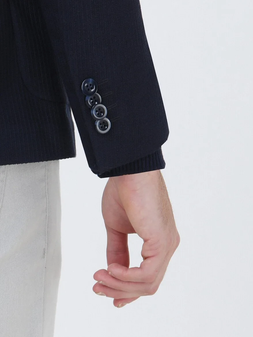 Navy Blue Striped Modern Fit Jacket - 4