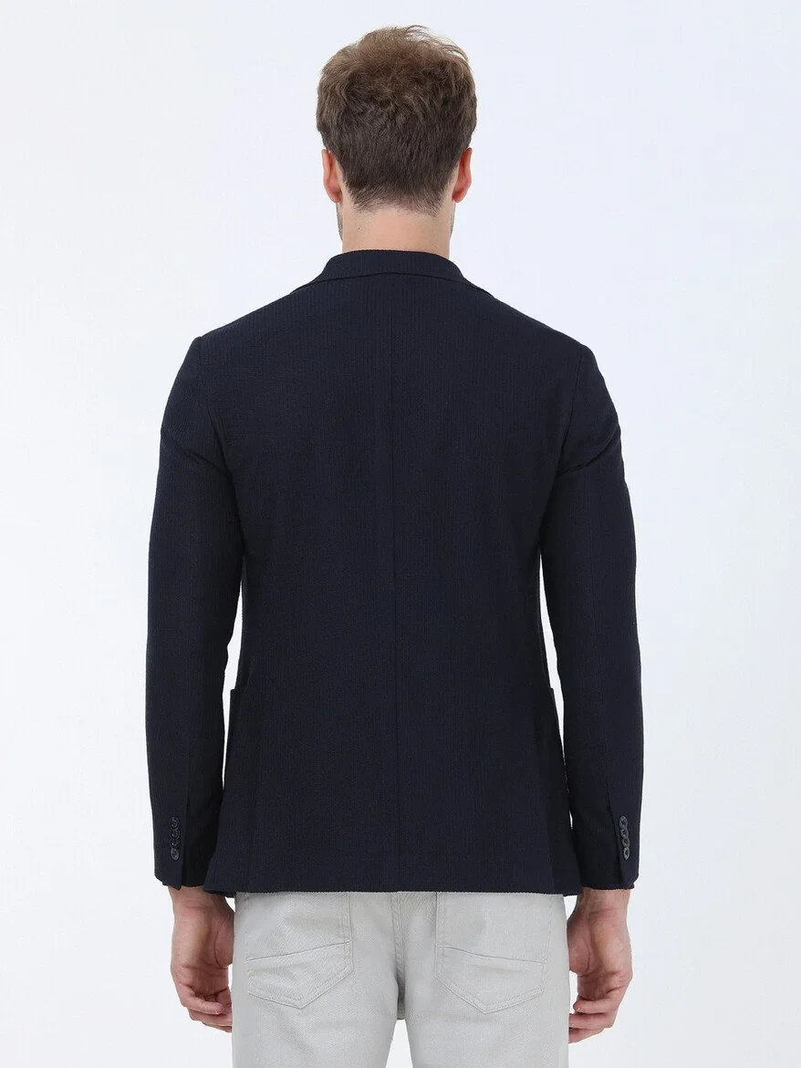 Navy Blue Striped Modern Fit Jacket - 5