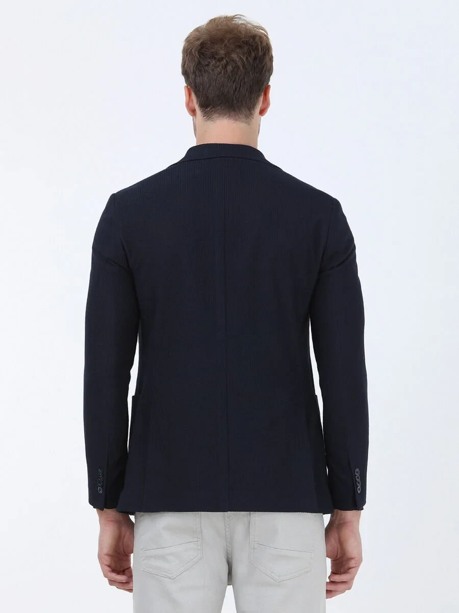 Navy Blue Striped Modern Fit Jacket - 5