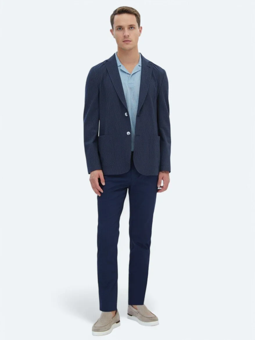 Navy Blue Striped Modern Fit Jacket - 3