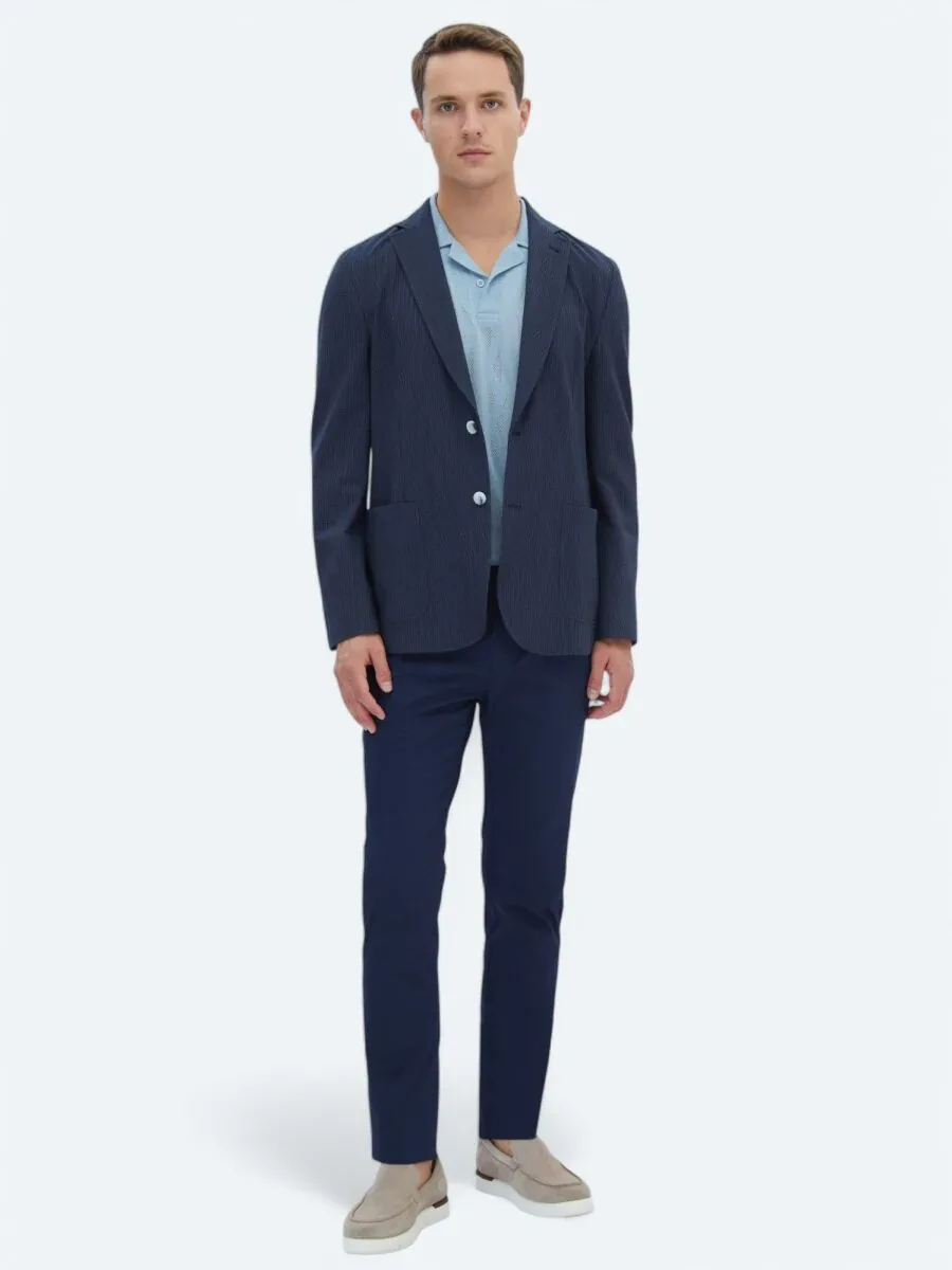 Navy Blue Striped Modern Fit Jacket - 3
