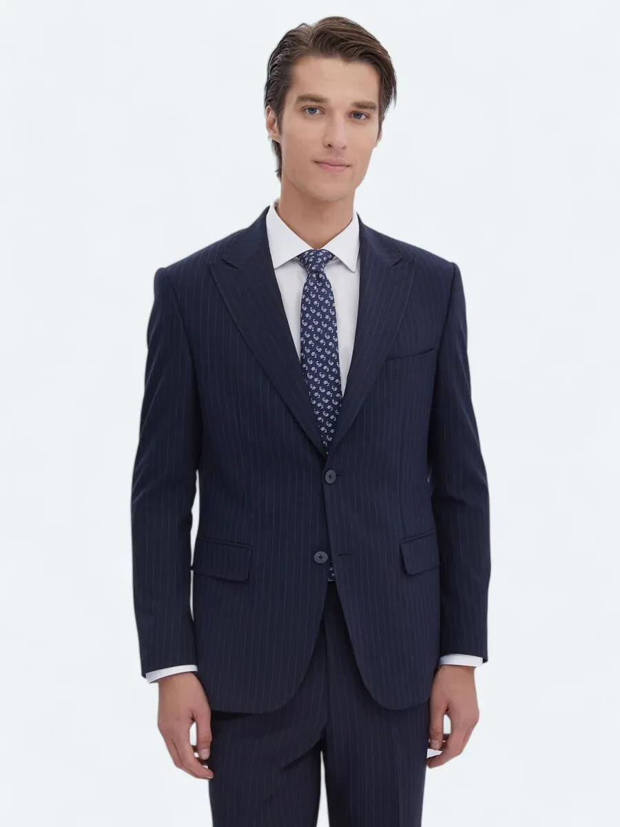 Navy Blue Striped Modern Fit Recycled Suit - 1