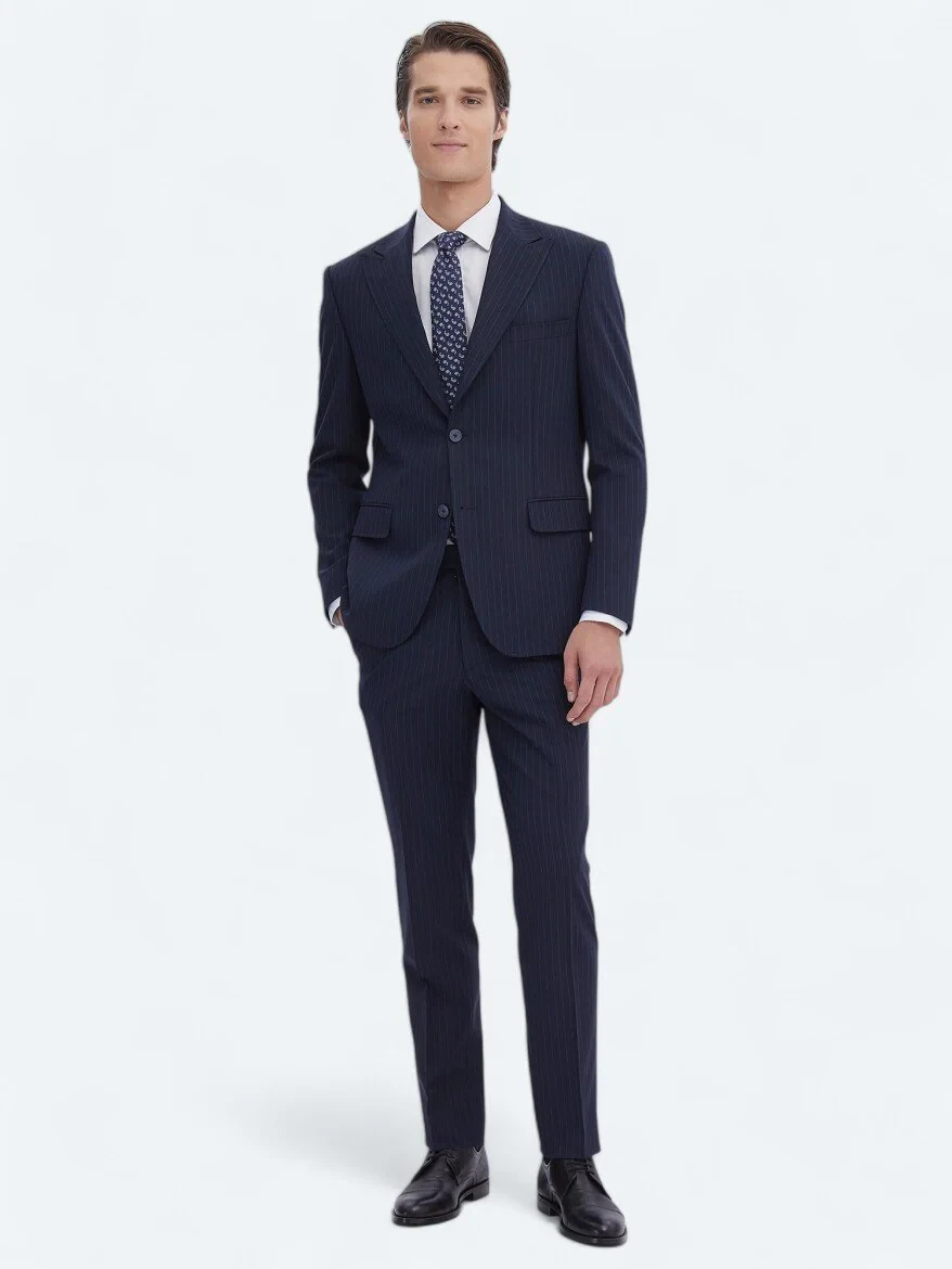 Navy Blue Striped Modern Fit Recycled Suit - 2
