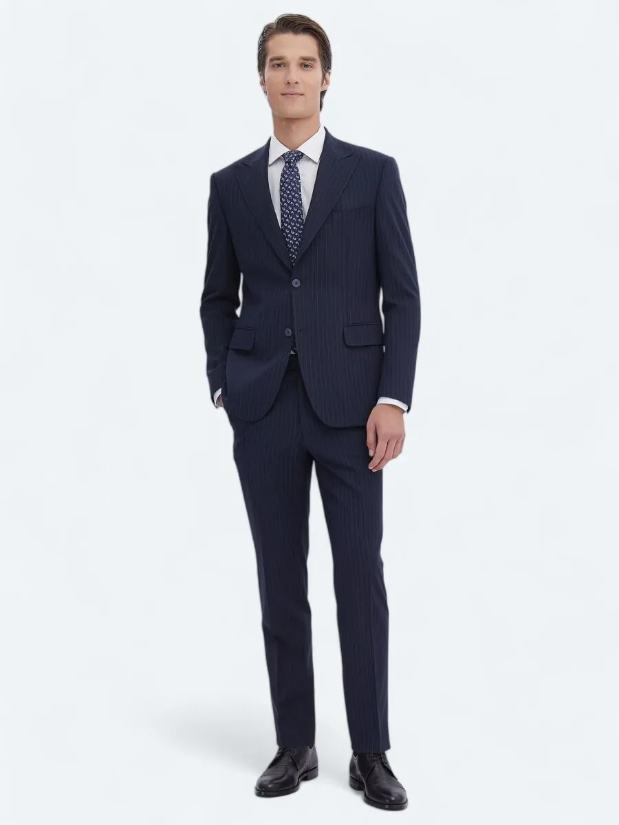 Navy Blue Striped Modern Fit Recycled Suit - 2