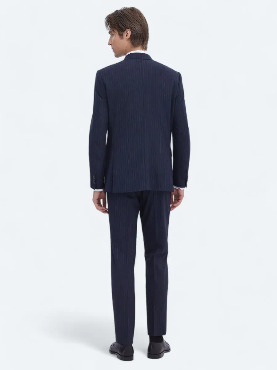 Navy Blue Striped Modern Fit Recycled Suit - 6