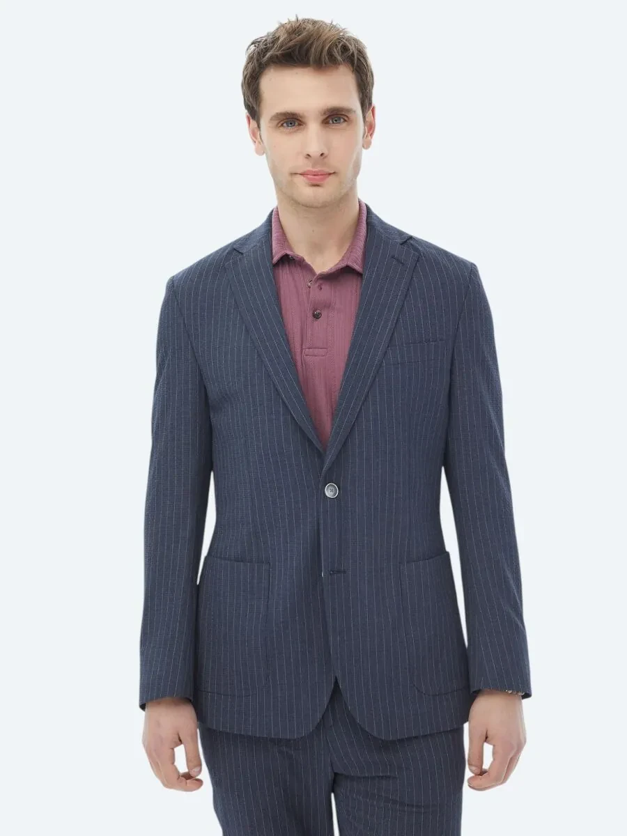Navy Blue Striped Modern Fit Suit - 6