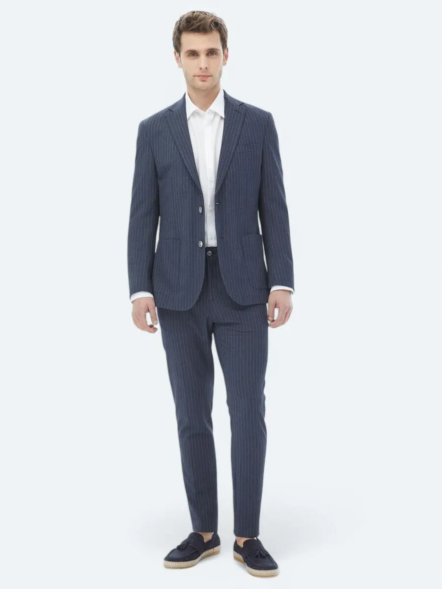 Navy Blue Striped Modern Fit Suit - 11