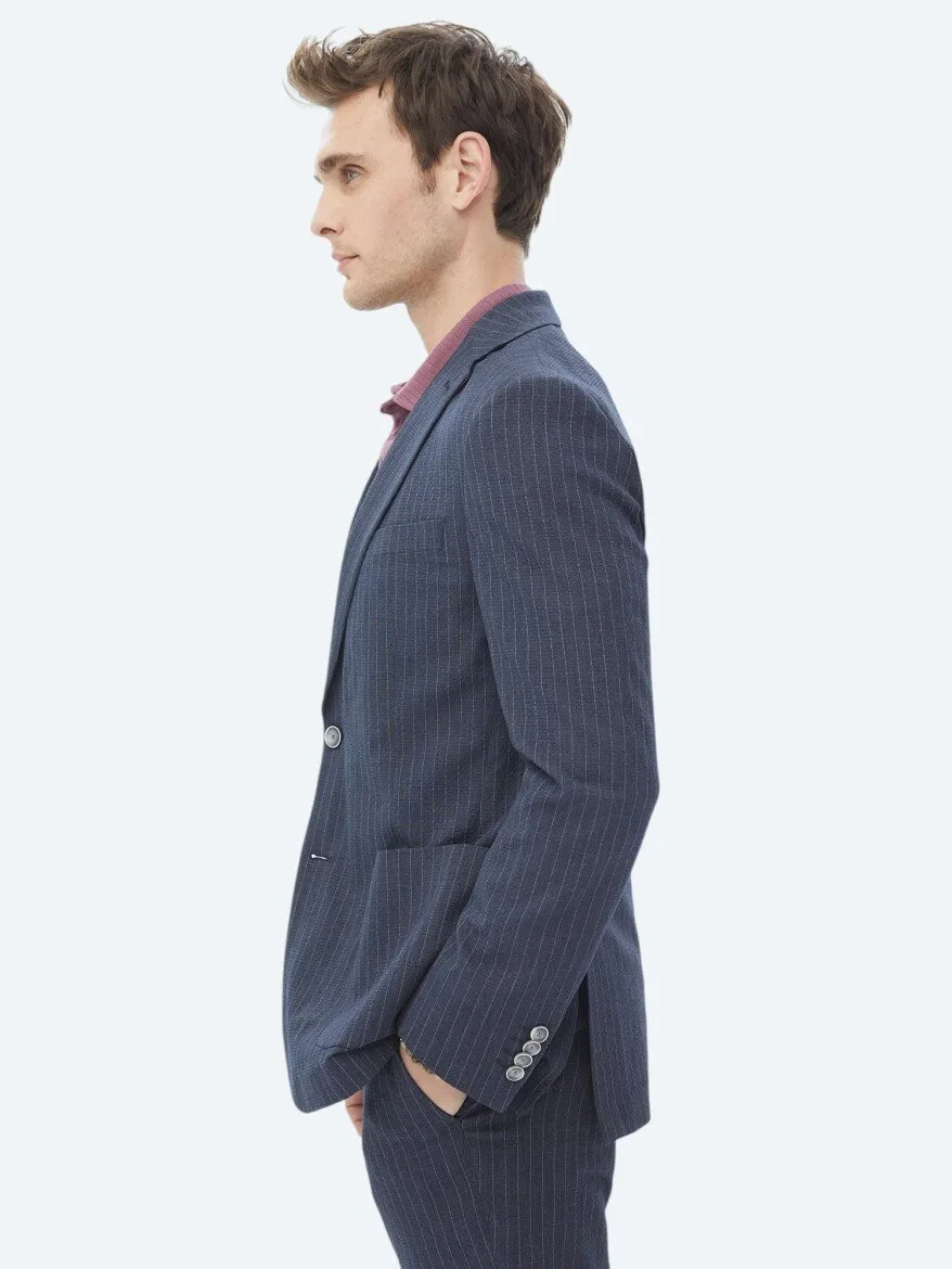 Navy Blue Striped Modern Fit Suit - 12