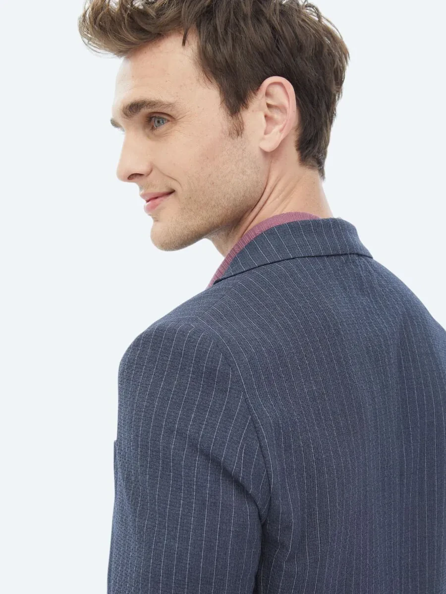 Navy Blue Striped Modern Fit Suit - 16