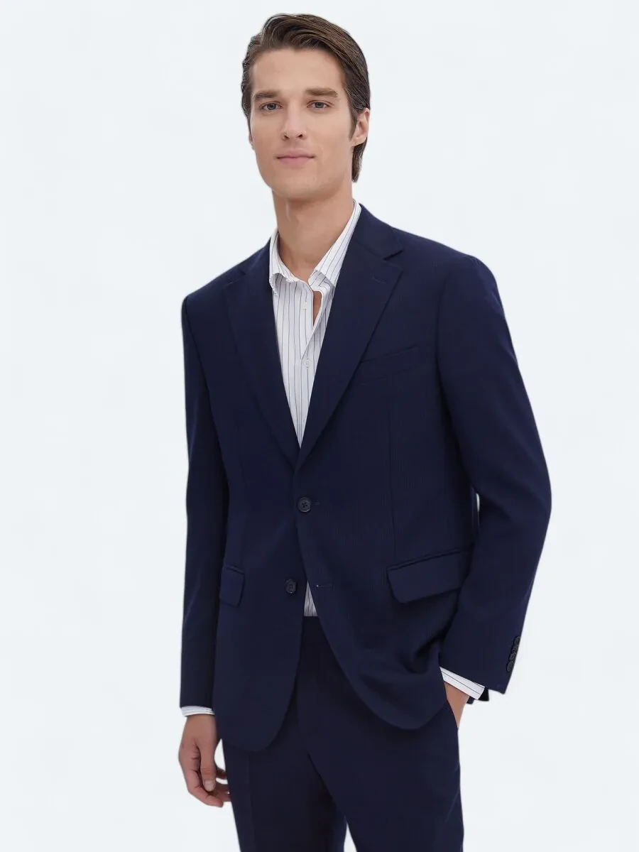 Navy Blue Striped Modern Fit Wool Blended Suit - 1