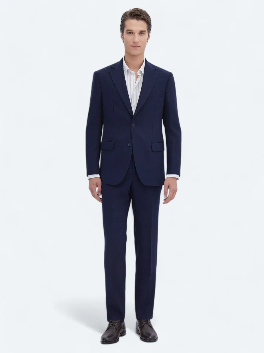 Navy Blue Striped Modern Fit Wool Blended Suit - 2