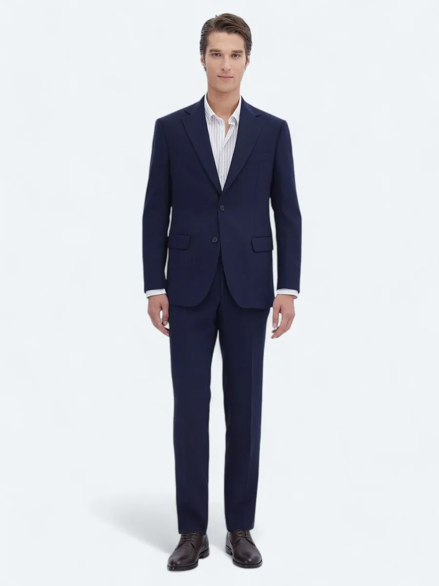 Navy Blue Striped Modern Fit Wool Blended Suit - 2