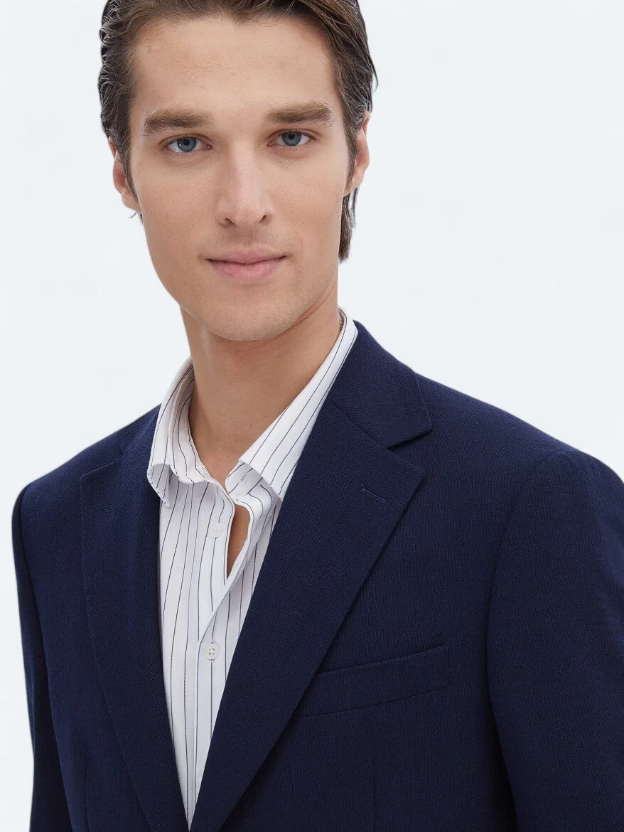 Navy Blue Striped Modern Fit Wool Blended Suit - 3