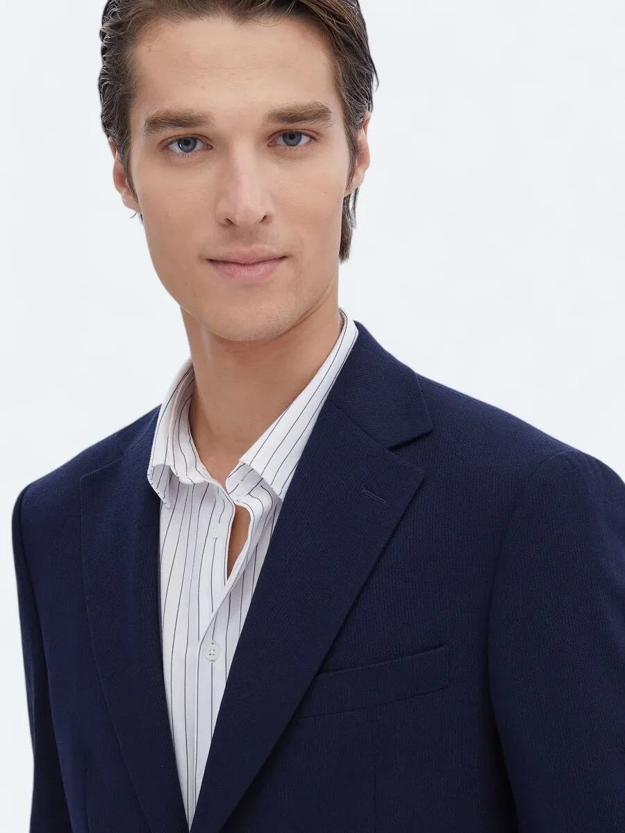 Navy Blue Striped Modern Fit Wool Blended Suit - 3