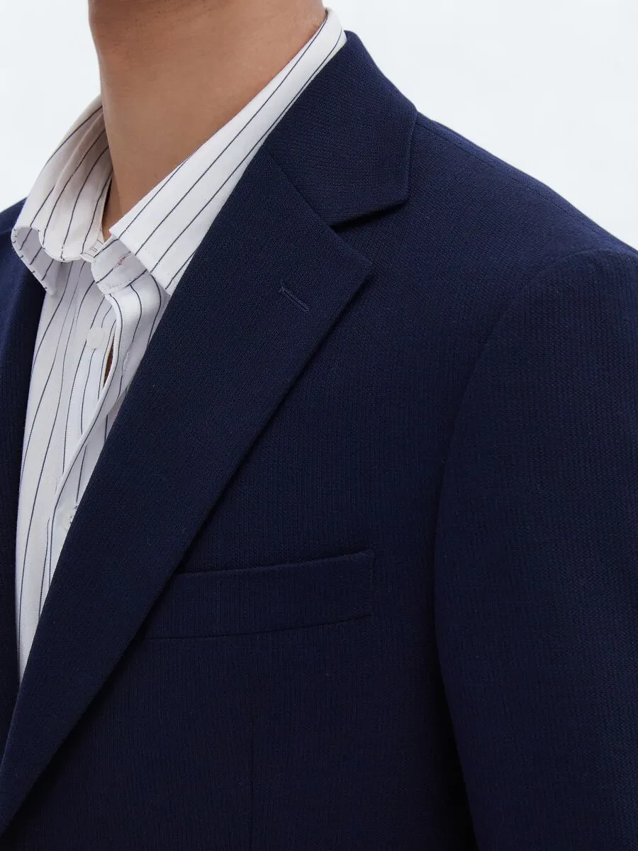 Navy Blue Striped Modern Fit Wool Blended Suit - 4