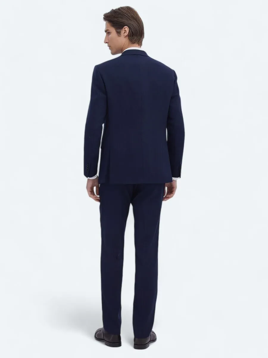 Navy Blue Striped Modern Fit Wool Blended Suit - 5