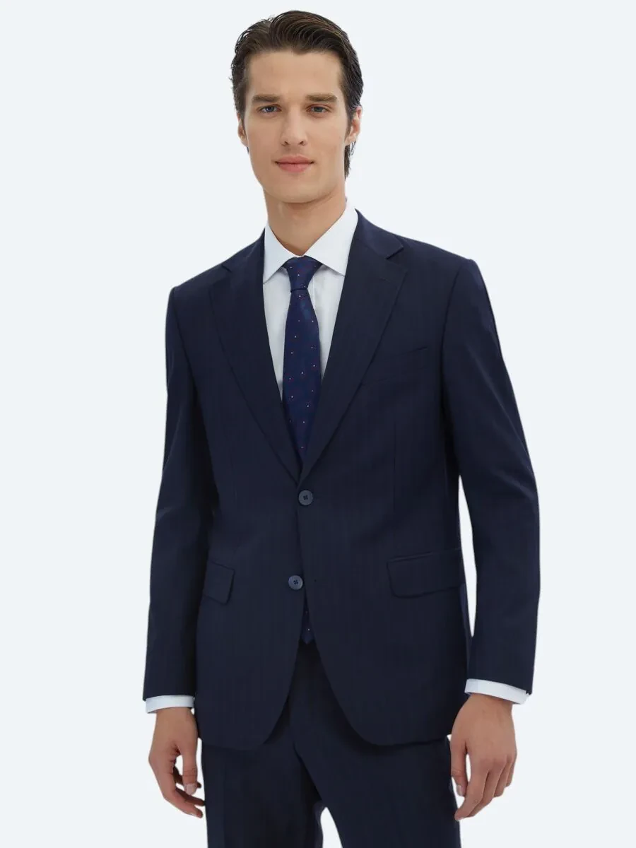 Navy Blue Striped Modern Fit Wool Blended Suit - 1