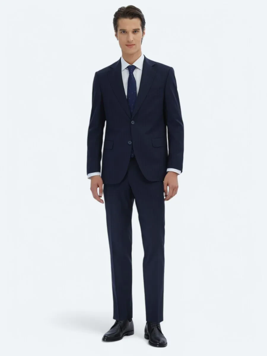 Navy Blue Striped Modern Fit Wool Blended Suit - 2