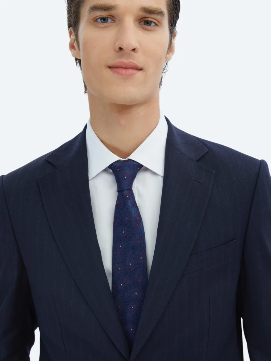 Navy Blue Striped Modern Fit Wool Blended Suit - 3