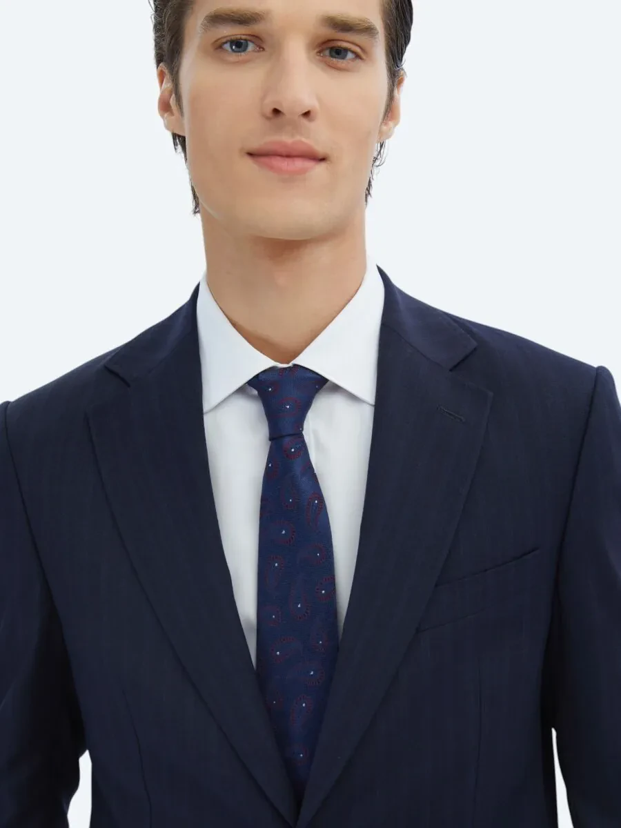 Navy Blue Striped Modern Fit Wool Blended Suit - 3