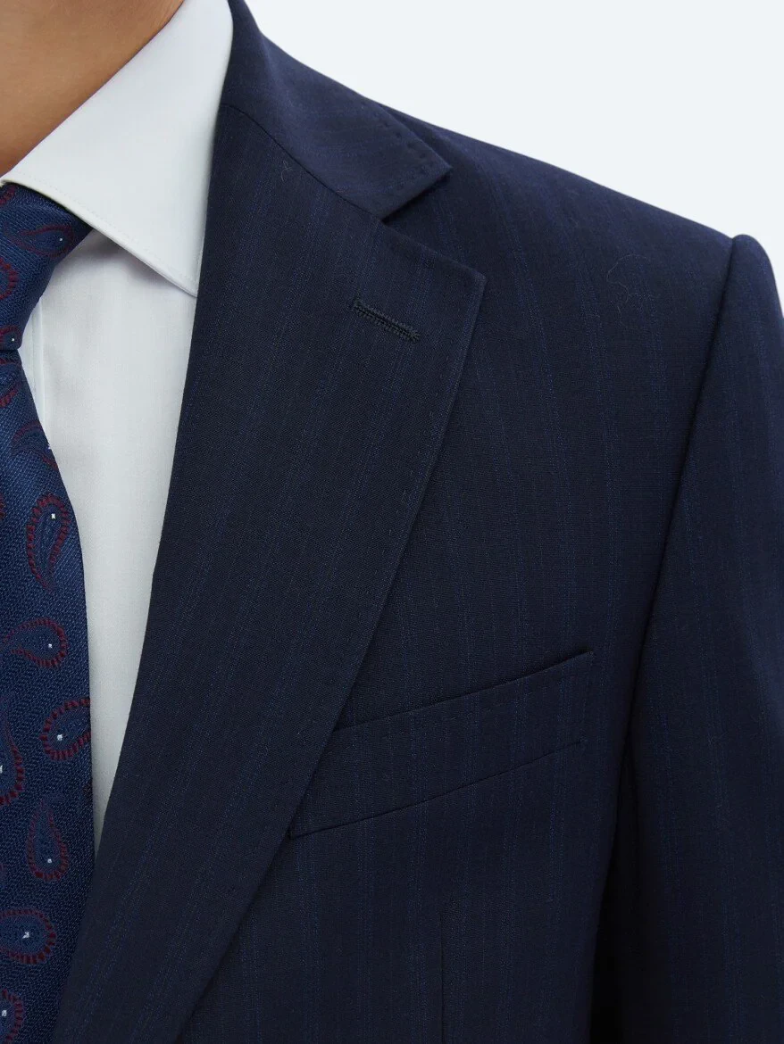 Navy Blue Striped Modern Fit Wool Blended Suit - 4
