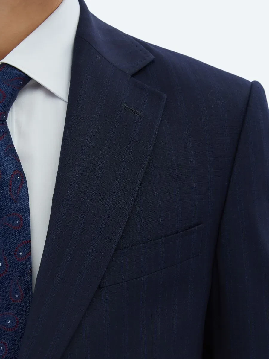 Navy Blue Striped Modern Fit Wool Blended Suit - 4
