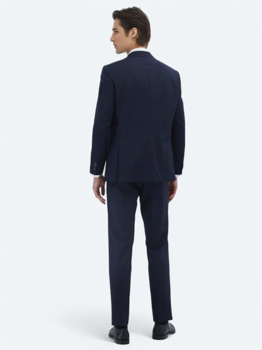 Navy Blue Striped Modern Fit Wool Blended Suit - 5
