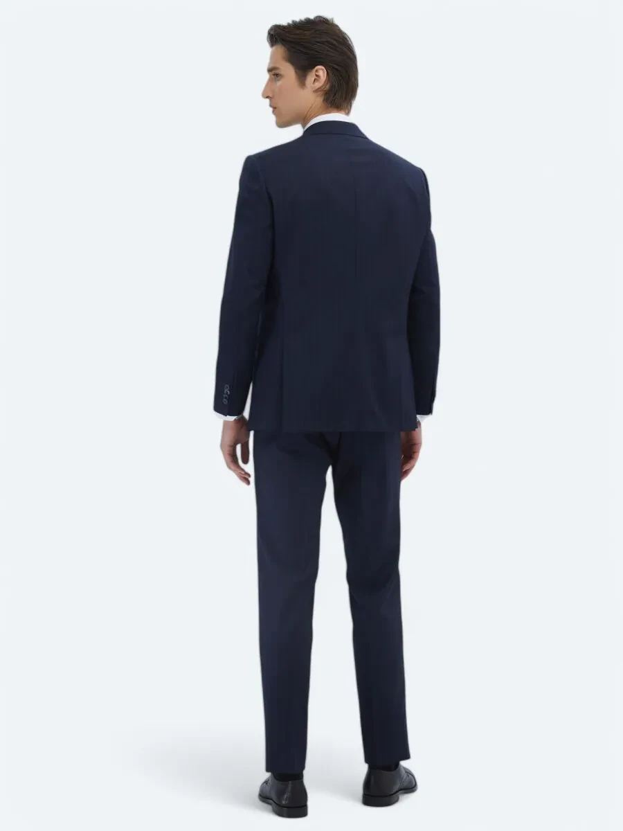 Navy Blue Striped Modern Fit Wool Blended Suit - 5