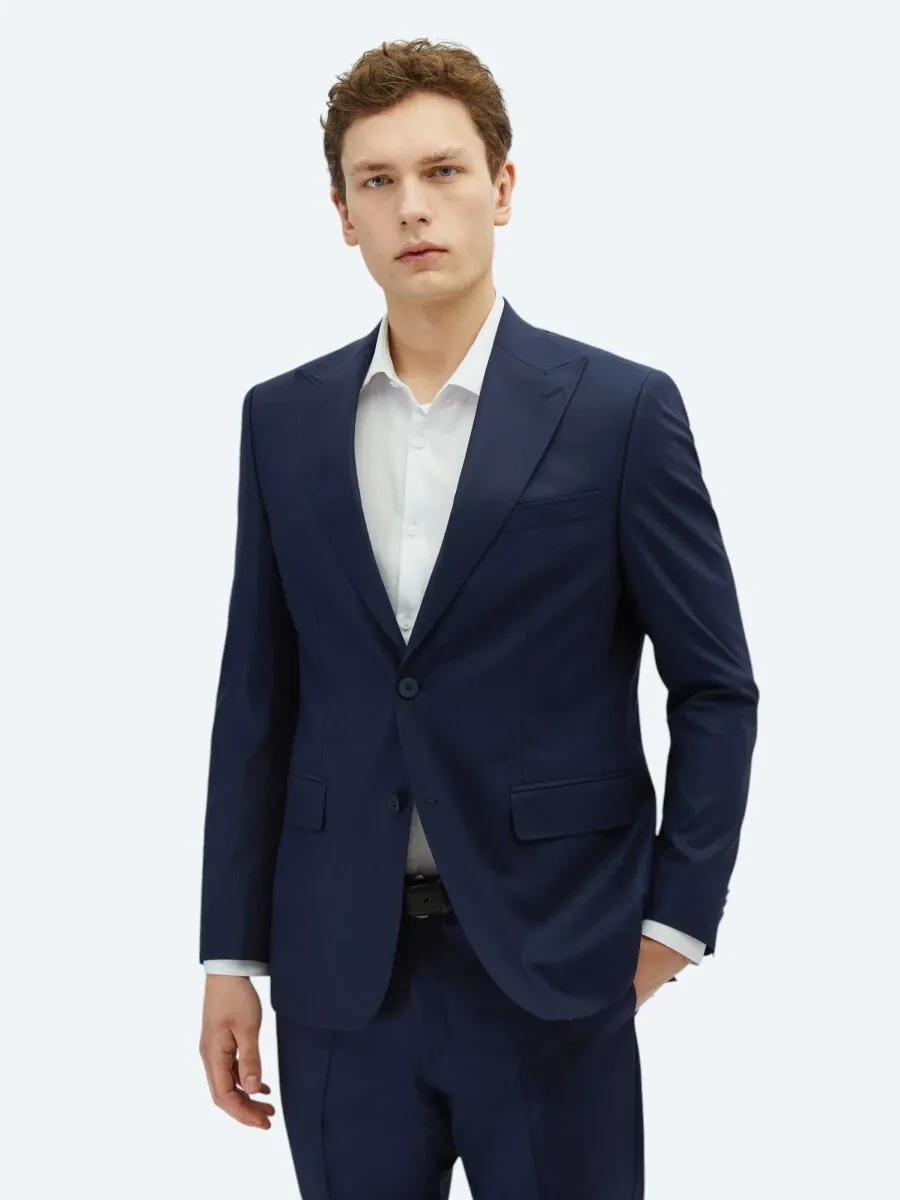 Navy Blue Striped Modern Fit Wool Blended Suit - 1
