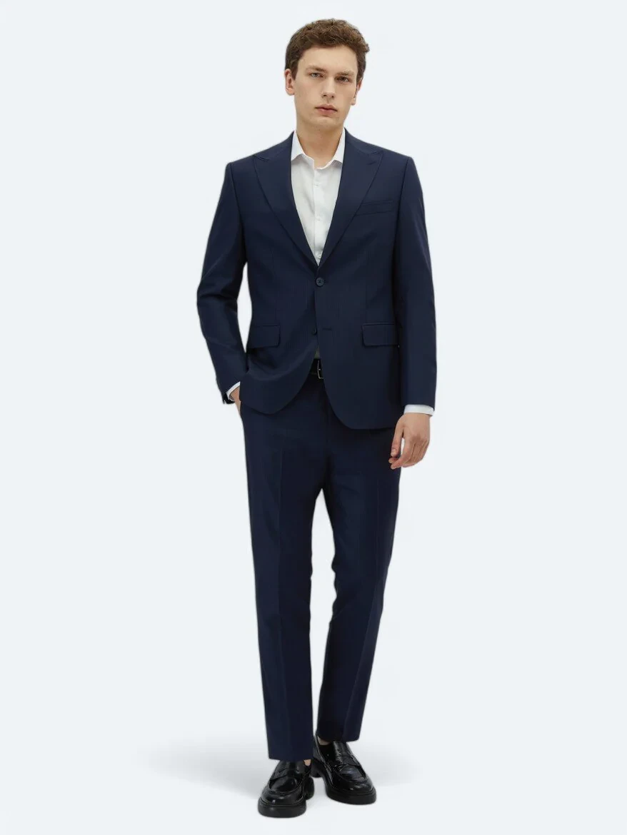 Navy Blue Striped Modern Fit Wool Blended Suit - 2