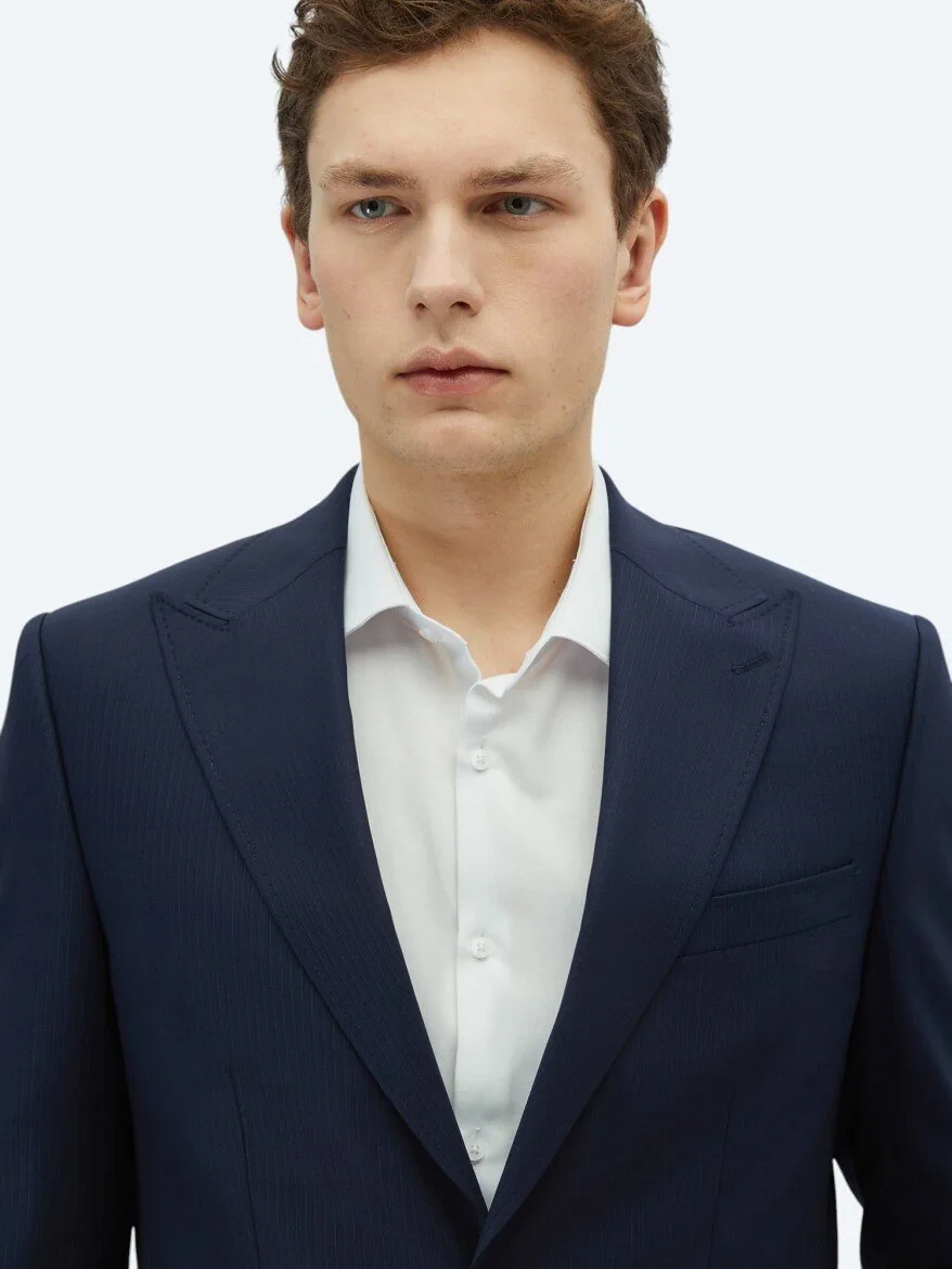 Navy Blue Striped Modern Fit Wool Blended Suit - 3