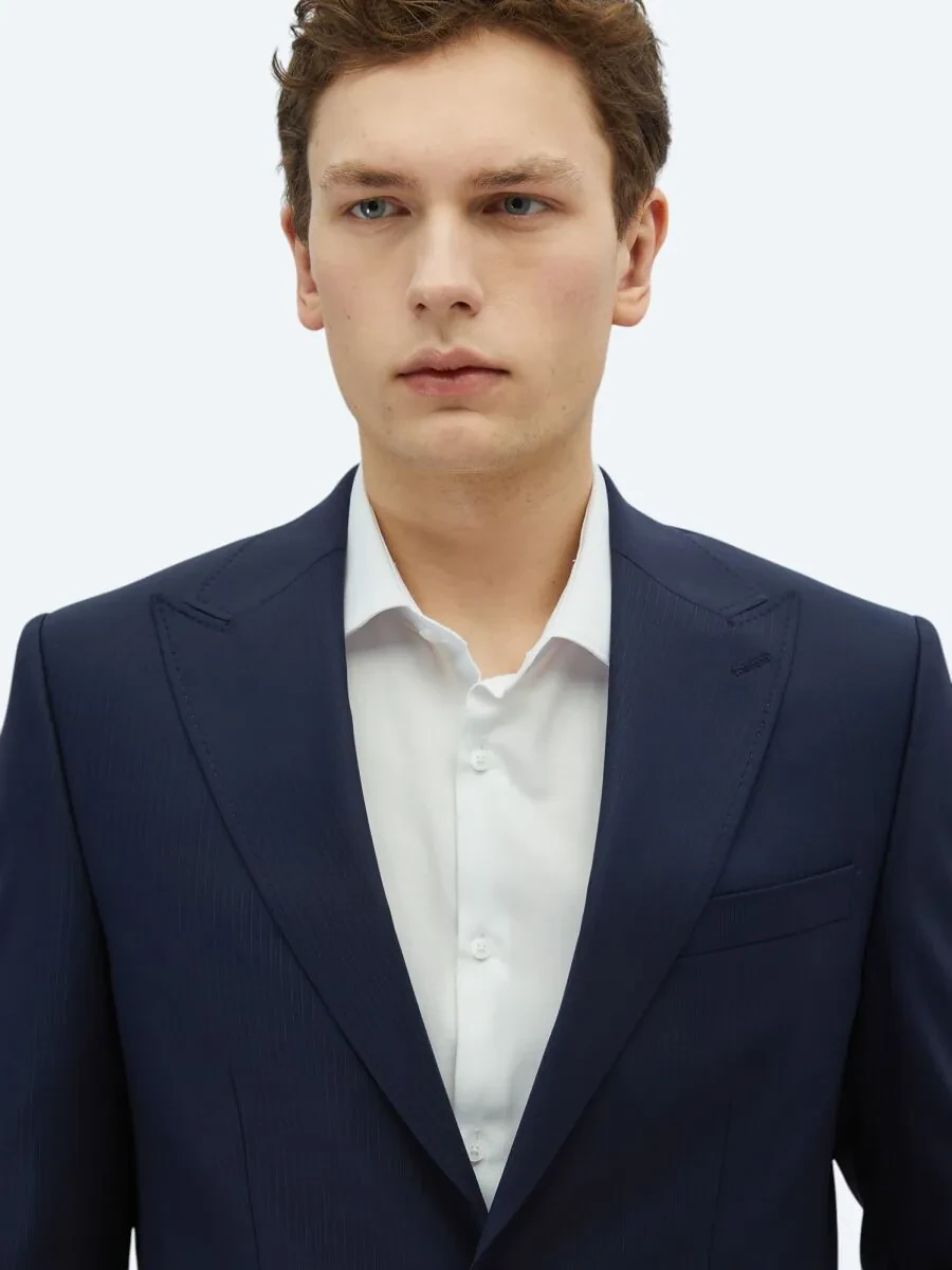 Navy Blue Striped Modern Fit Wool Blended Suit - 3