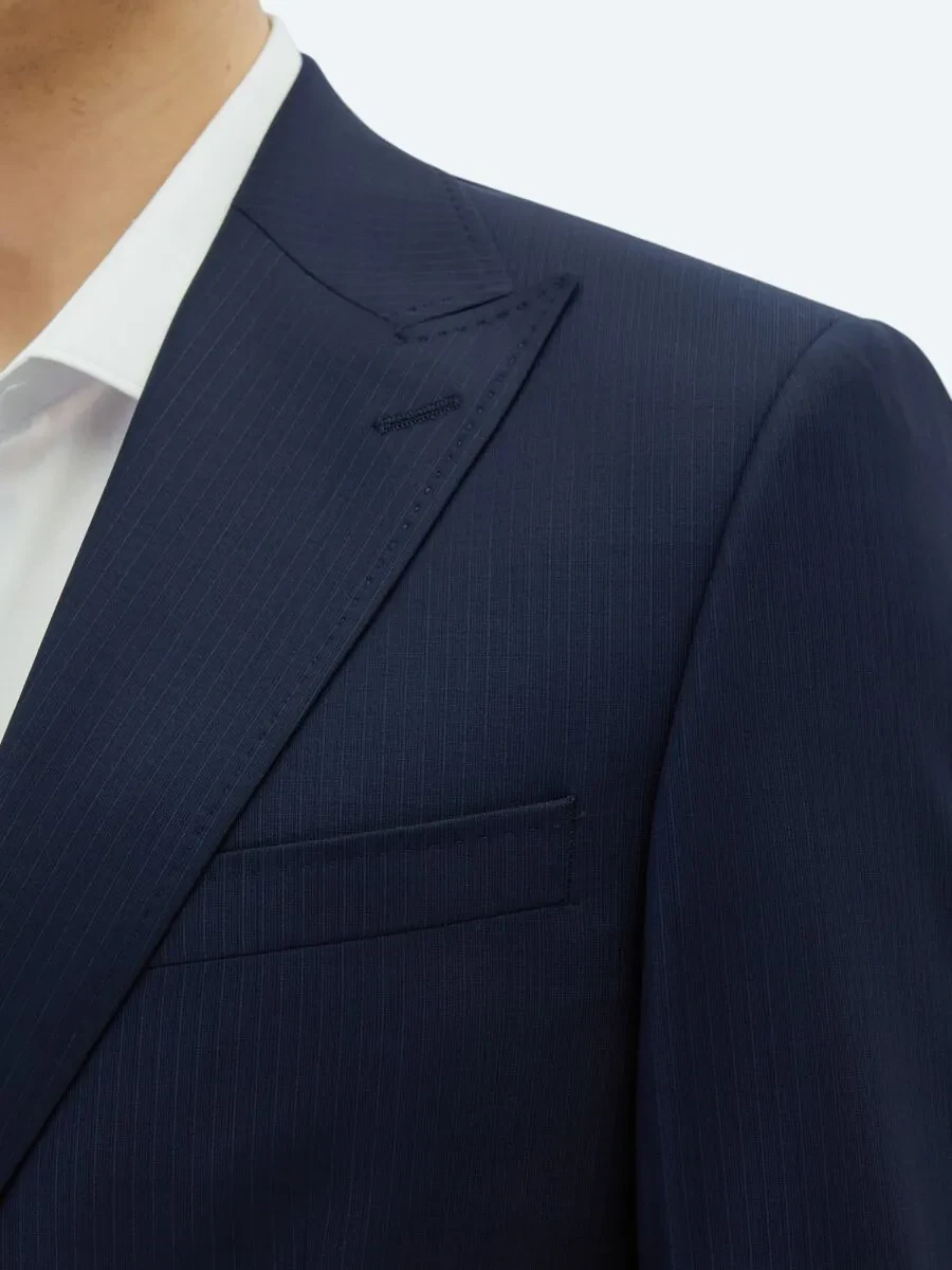 Navy Blue Striped Modern Fit Wool Blended Suit - 4