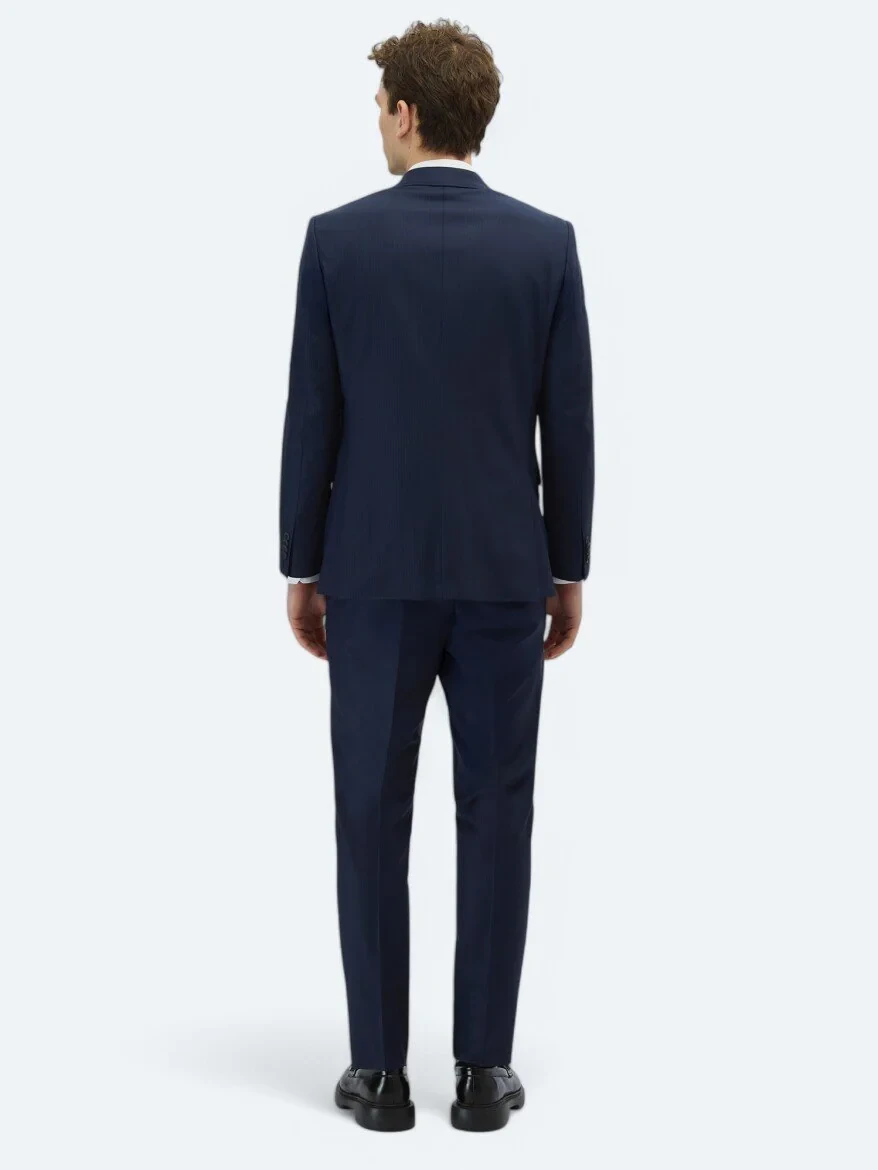 Navy Blue Striped Modern Fit Wool Blended Suit - 5