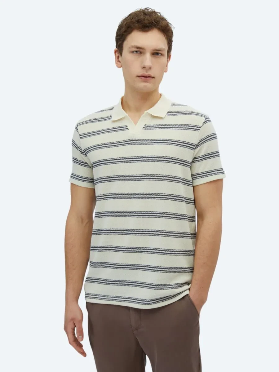 Navy Blue Striped Polo Neck Cotton Blended T-Shirt - 1