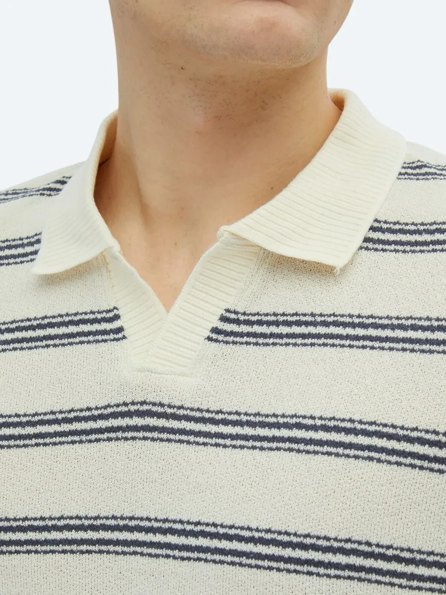 Navy Blue Striped Polo Neck Cotton Blended T-Shirt - 4