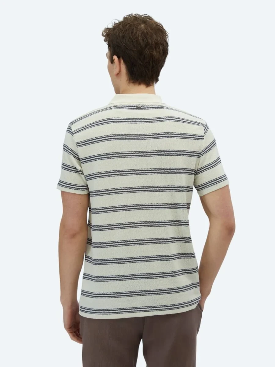 Navy Blue Striped Polo Neck Cotton Blended T-Shirt - 5