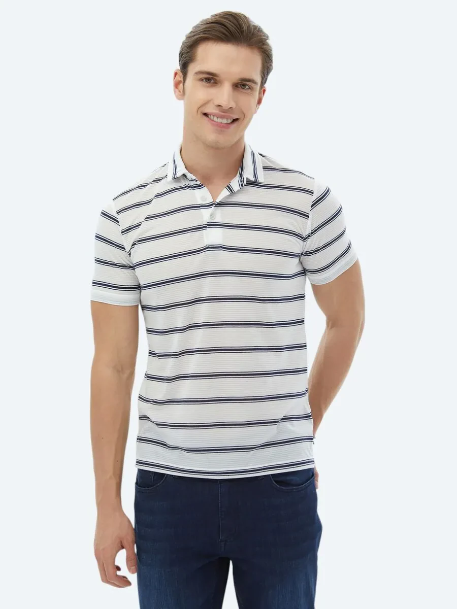 Navy Blue Striped Polo Neck T-Shirt - 1