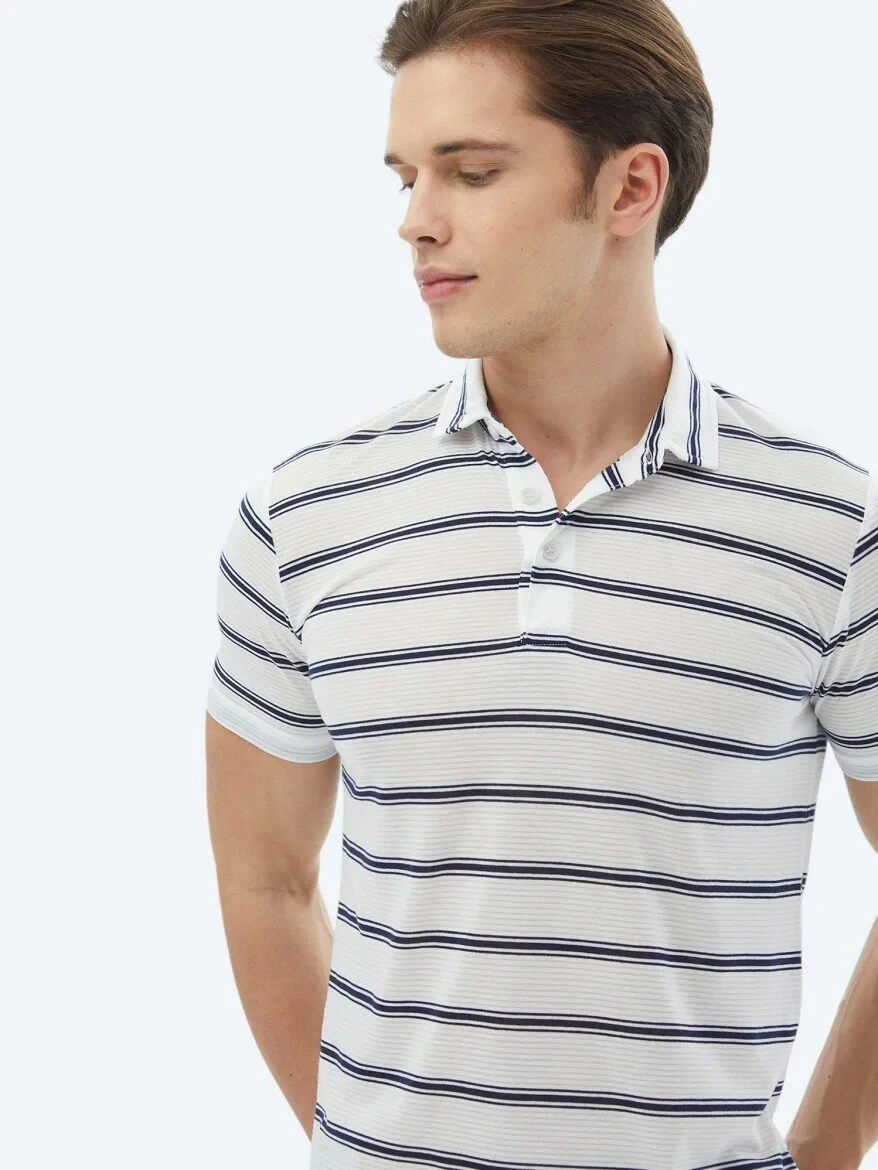 Navy Blue Striped Polo Neck T-Shirt - 2