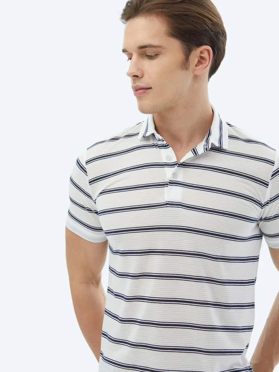 Navy Blue Striped Polo Neck T-Shirt - 2