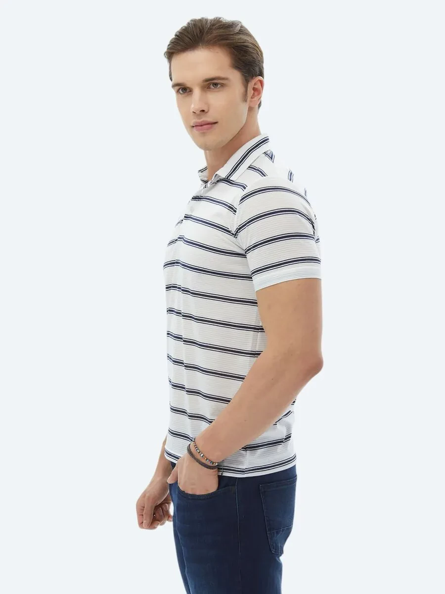 Navy Blue Striped Polo Neck T-Shirt - 3