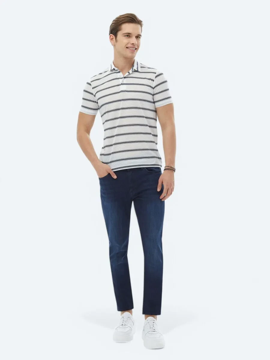 Navy Blue Striped Polo Neck T-Shirt - 4