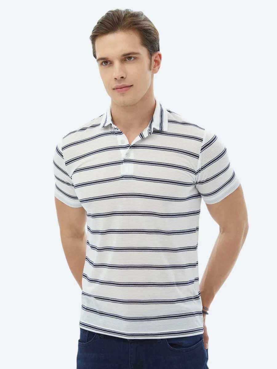 Navy Blue Striped Polo Neck T-Shirt - 5