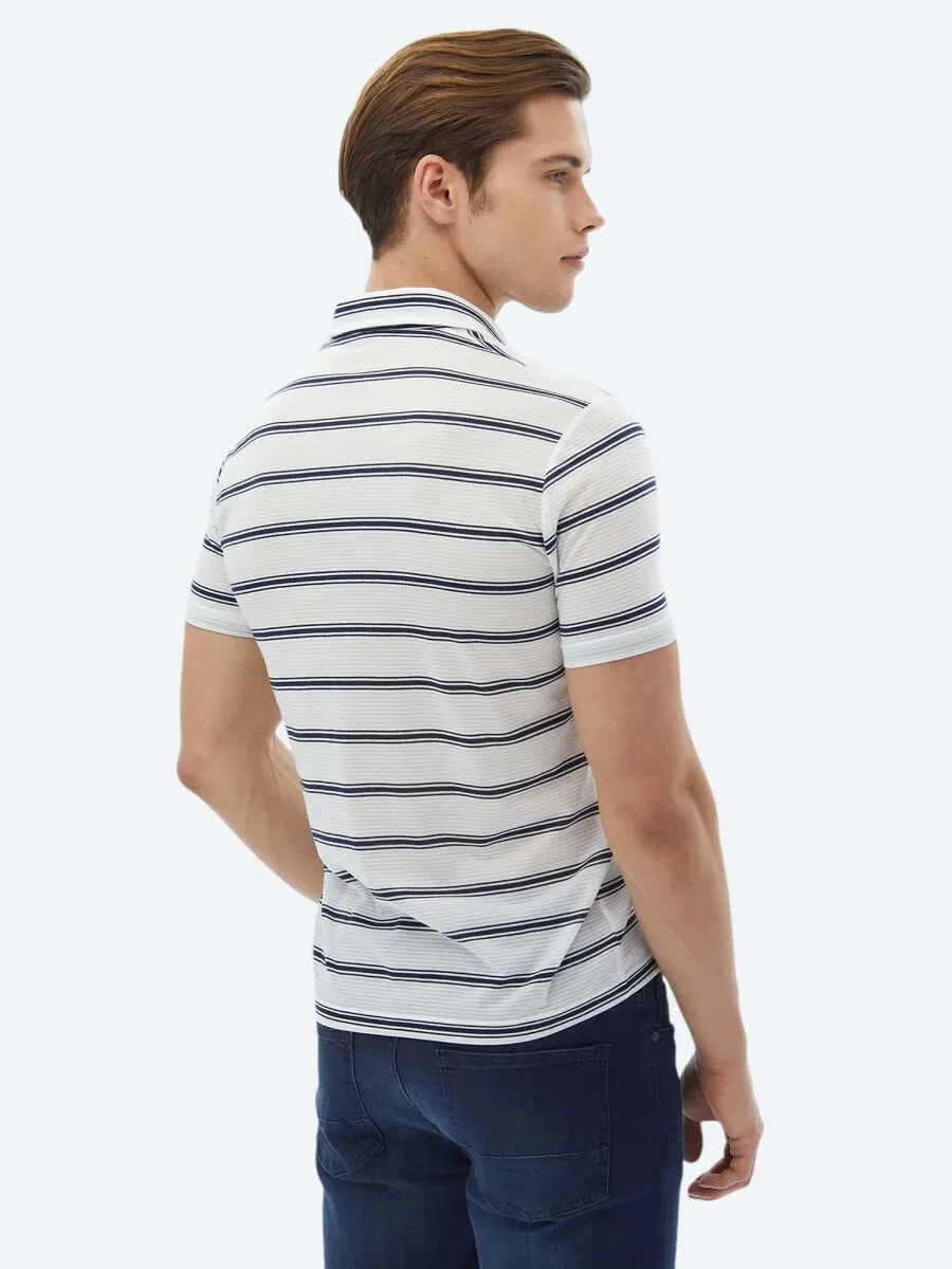Navy Blue Striped Polo Neck T-Shirt - 6