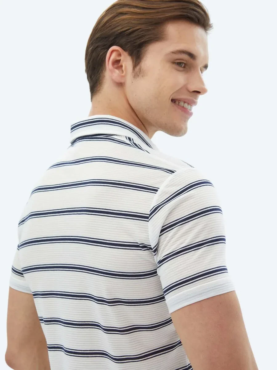 Navy Blue Striped Polo Neck T-Shirt - 7