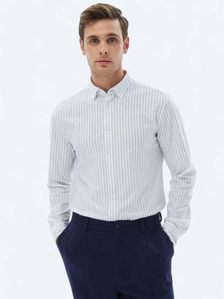 Navy Blue Striped Regular Fit Knitting Casual Cotton Blended Shirt - 1