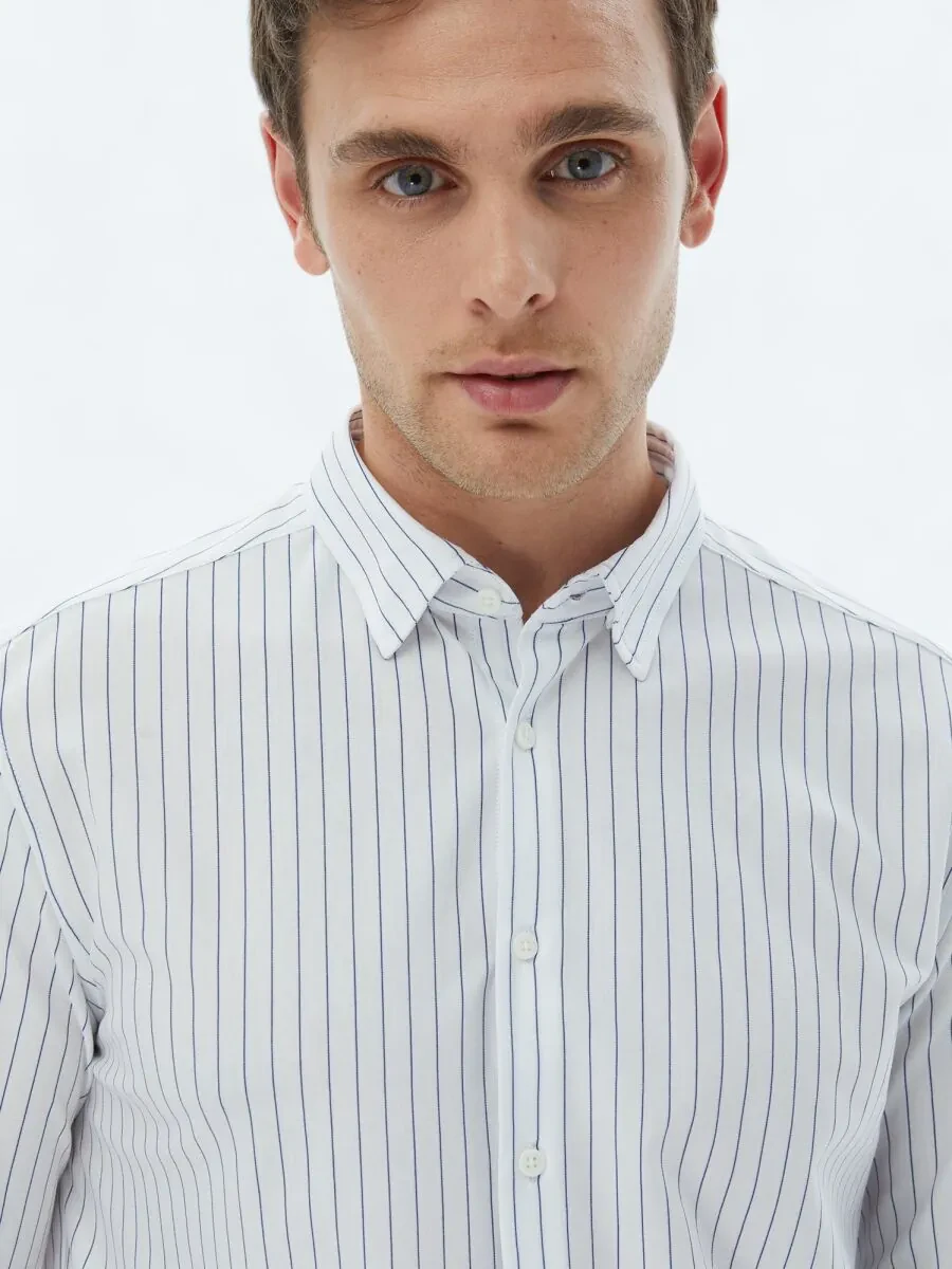 Navy Blue Striped Regular Fit Knitting Casual Cotton Blended Shirt - 3
