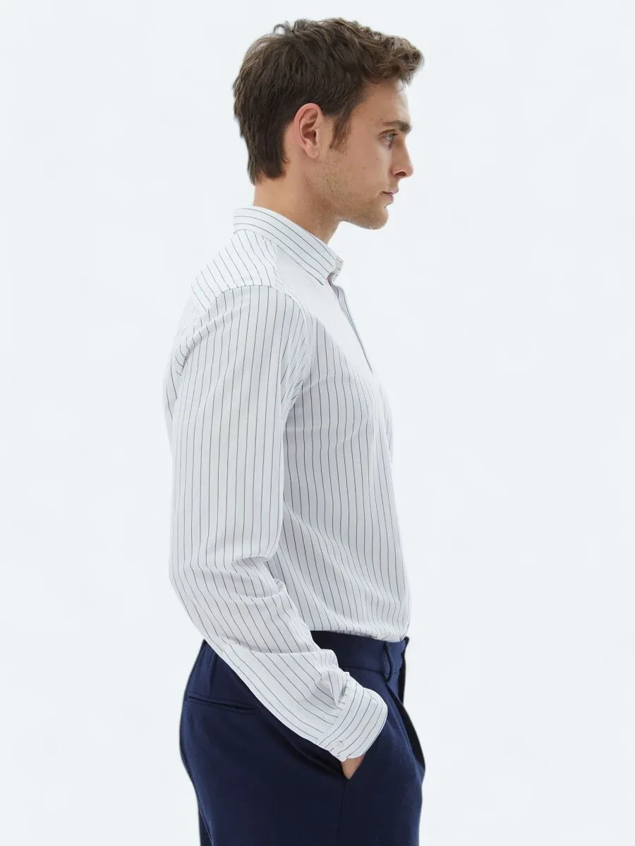 Navy Blue Striped Regular Fit Knitting Casual Cotton Blended Shirt - 4