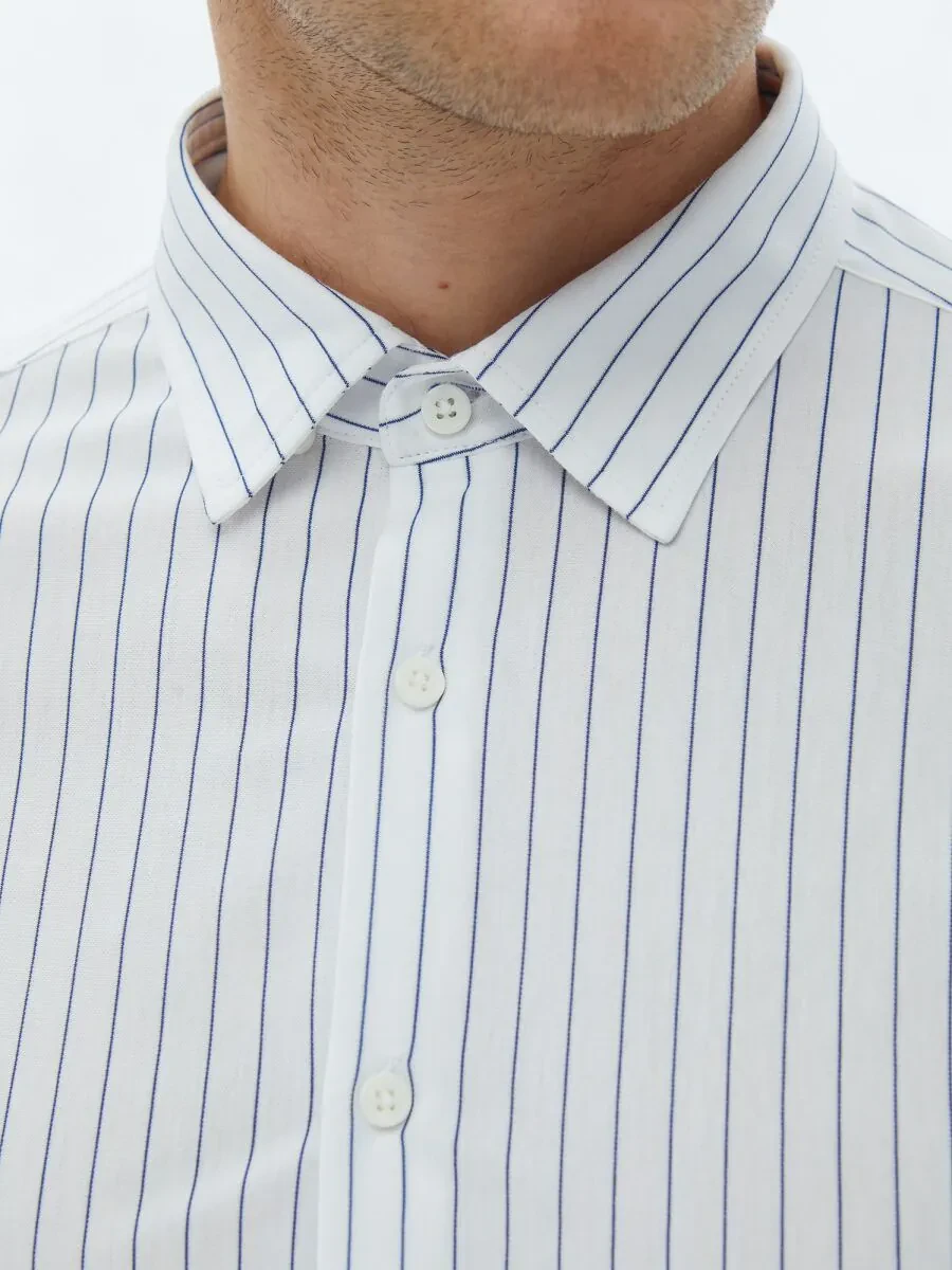 Navy Blue Striped Regular Fit Knitting Casual Cotton Blended Shirt - 5